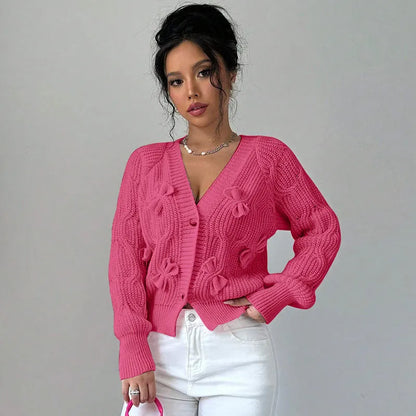 2025 Autumn And Winter Solid Color Long-sleeved Bow Knit Cardigan Jacket New Women's Elegant V-neck Button Versatile Sweater Top.