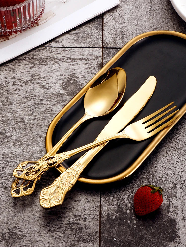 Golden Stainless Steel Cutlery Set Royal European Spoon Fork Complete Tableware Retro Design Dishwasher Safe Elegant Flatware.