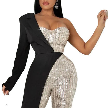 CM.YAYA Women One Long Sleeve Strapless Sequined Blazer Wide Leg Jumpsuits 2025 Evening Party One Piece Set Romper Playsuit.