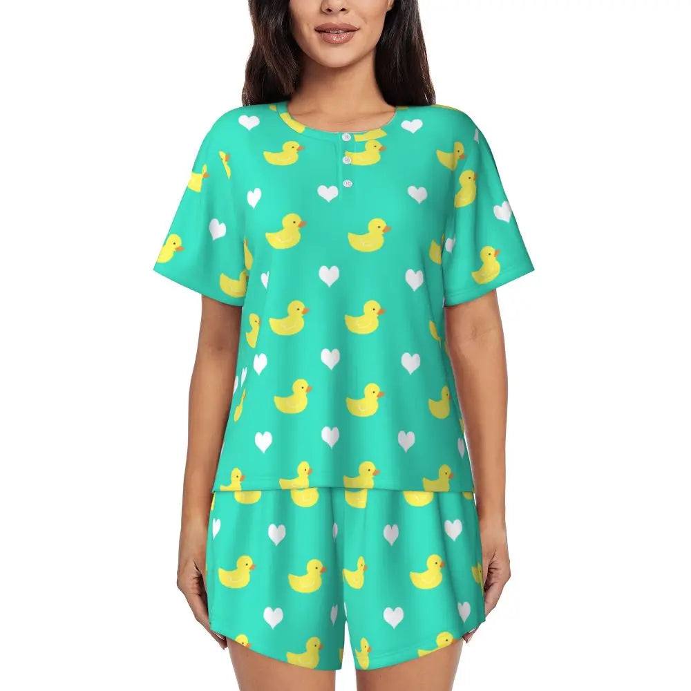 Benutzerdefinierte Frauen Gelb Klassische Gummi Ente Pyjamas Set Gedruckt Zwei-stück Pj Sets Kurzarm Nachtwäsche Loungewear