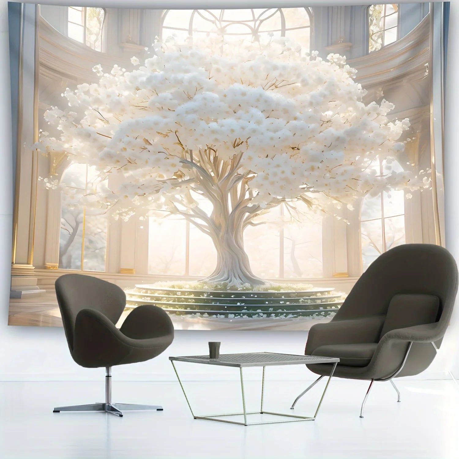 Large Romantic White Tree of Life Tapestry Anti Wrinkle and Fade Resistant Wall Hanging For Dormitory Elegant Home Decor.