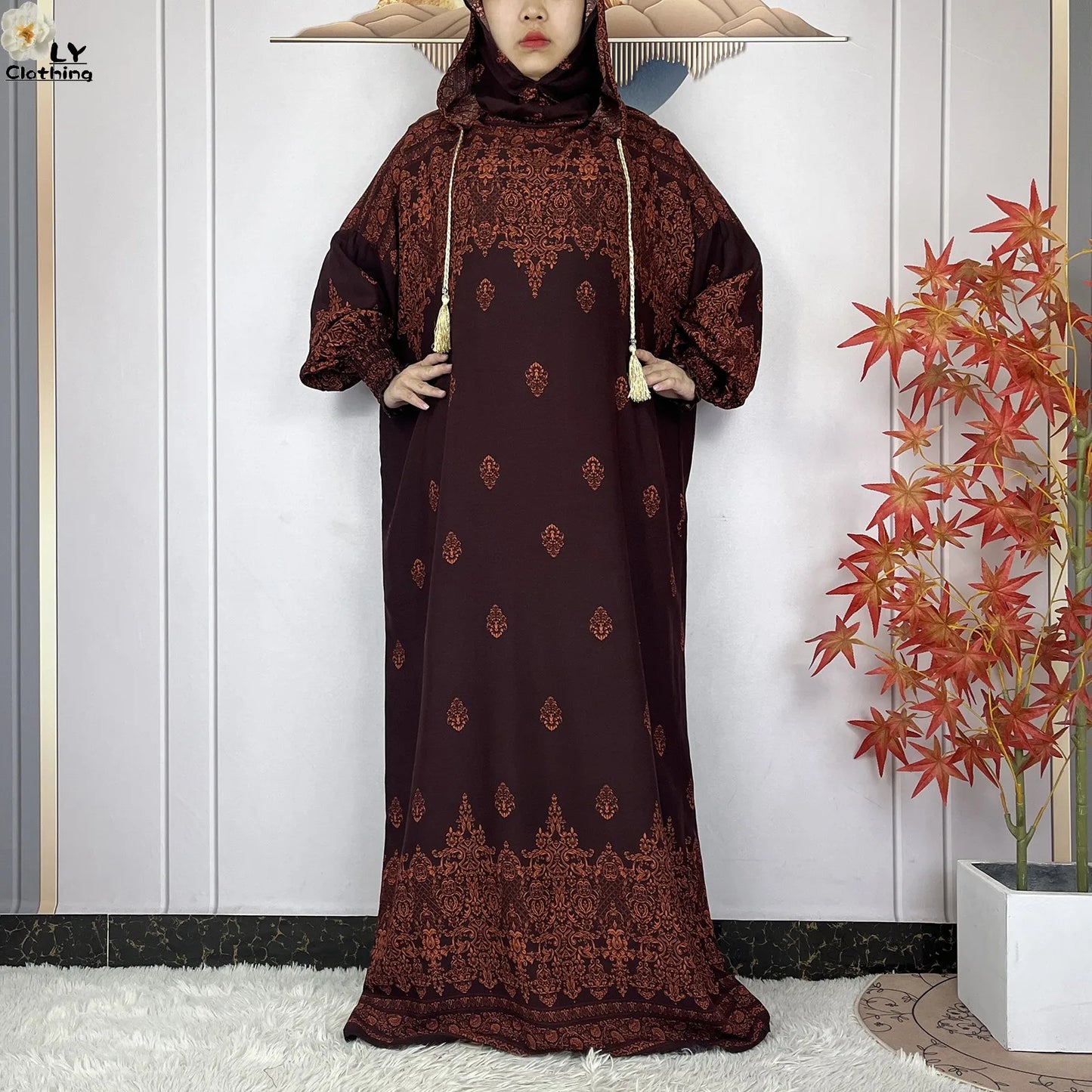 2025 Women Long Sleeves Dress Cotton Ramadan Abaya with Two Hats Muslim Women's Kaftan Dress Dubai Turkey Islam Prayer Clothing.