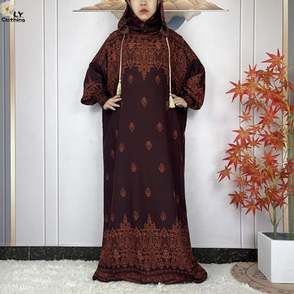 2025 Women Long Sleeves Dress Cotton Ramadan Abaya with Two Hats Muslim Women's Kaftan Dress Dubai Turkey Islam Prayer Clothing.