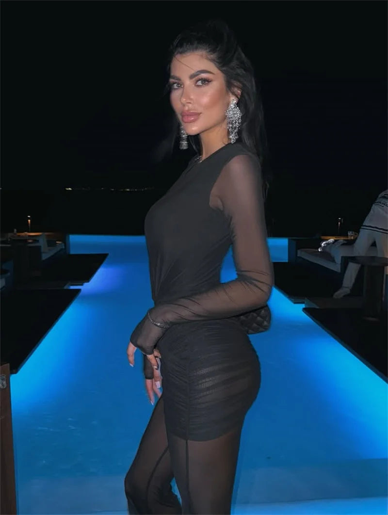 Mozision Deep V Neck Long Sleeve Sexy Jumpsuits Women Autumn Winter Patchwork See Through Ruched Club Party Jumpsuit Female