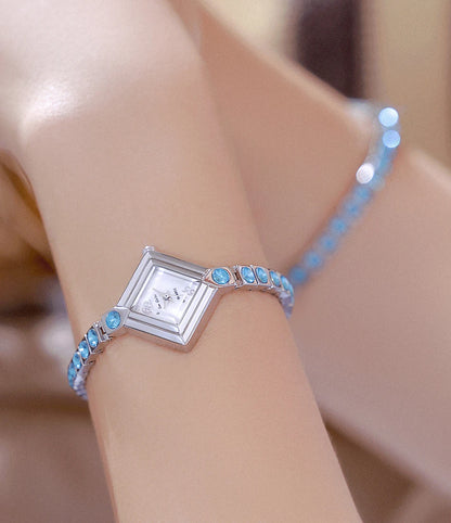 Luxury Women's Watch Square Dial Blue Rhinestones Bracelet Waterproof Fashion Elegant Wristwatch for Women Daily Wear Gifts.