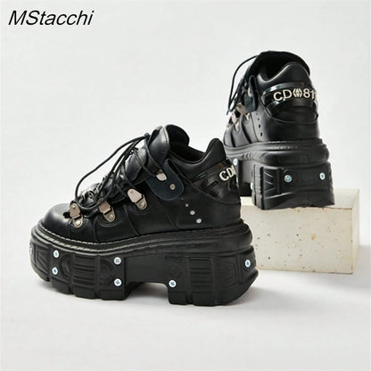 Punk Stil Frauen Schwarze Schuhe Rock Metall Dekor Lace-up Ferse Höhe Plattform Schuhe Gothic Mann Turnschuhe Frauen Stiefeletten 2025, Neue