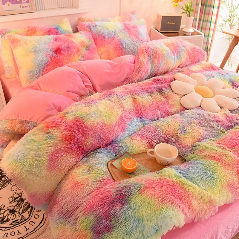 3Pcs Super Shaggy Coral Fleece Warm Cozy Princess Bedding Set Mink Velvet Duvet Cover Set Bed Comforter Cover Blanket Pillowcase.