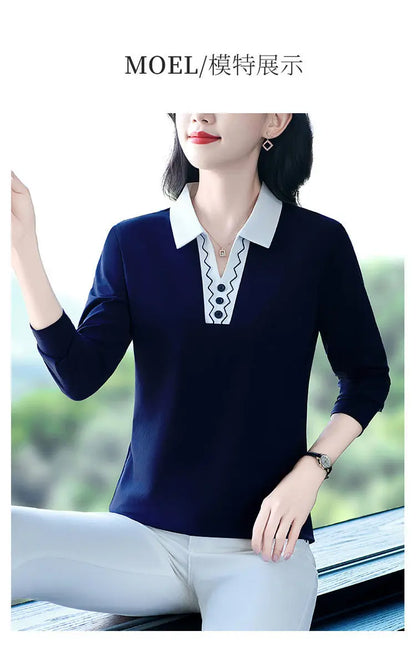 2025 Autumn New Women Clothes Office Lady Simplicity Patchwork Polo-Neck Top Tee Ladies Fashion Loose Buttons Long Sleeve Shirts.