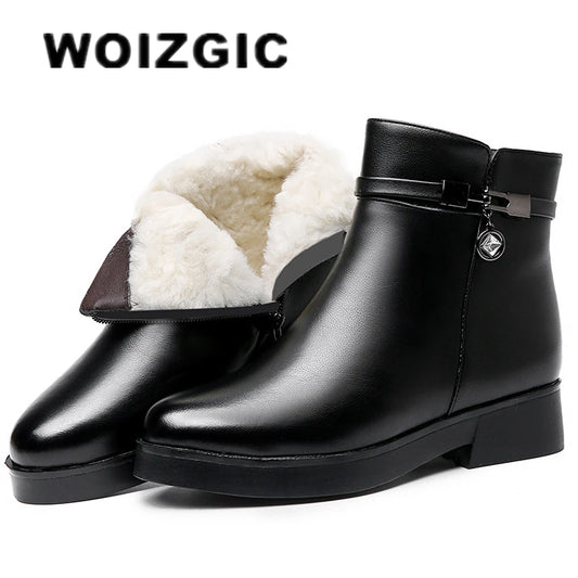 WOIZGIC Women Mother Female Ladies Genuine Leather Ankle Shoes Boots Platform Wool Plush Warm Fur Winter Zipper Plus Size 42 43.