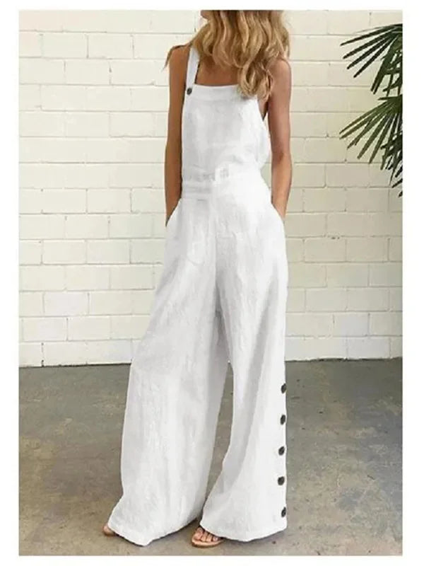 New 2021 Women's Solid Color Sleeveless Side Button Wide Leg Pocket Casual Jumpsuit Comfortable One-Piece Suiting Pants.