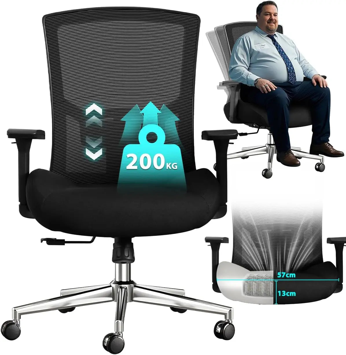 Bürostuhl 200 kg Ergonomischer Schreibtischstuhl mit 4D-Armlehnen, Bürostuhl mit Lendenwirbelstütze und 3D-verstellbarem, Wippfunkti