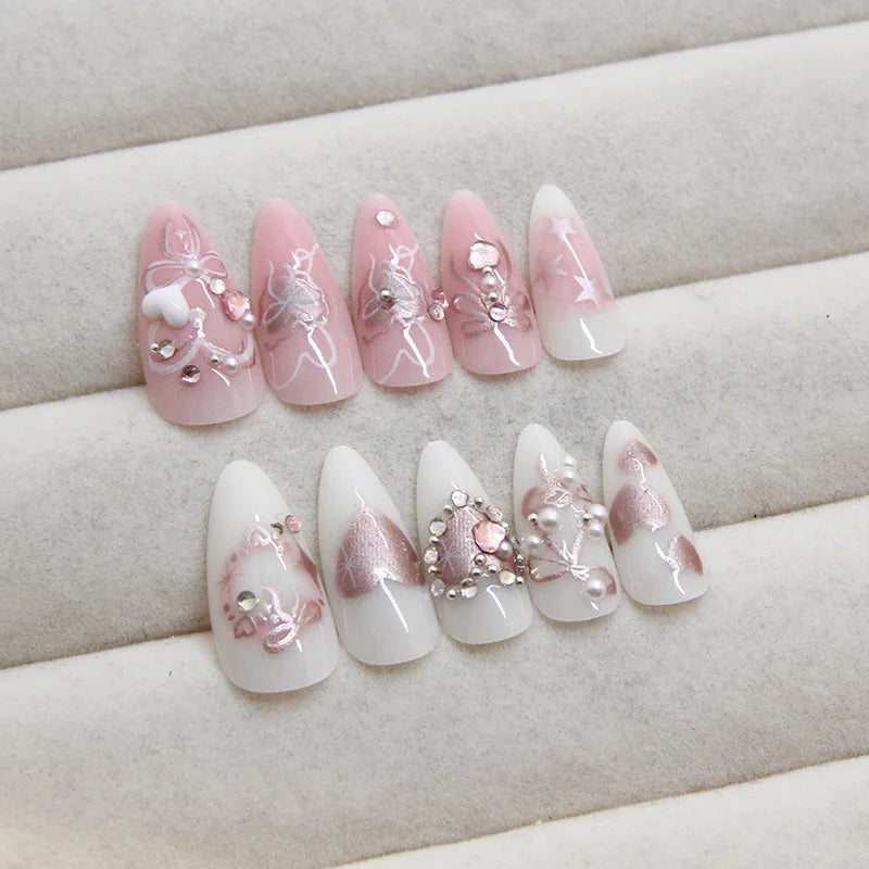 24pcs Sweet False Nail Patches Detachable Fake Nail Tips With Bowknots Love Heart Pearl Design Pink Almond Korean Press On Nail.