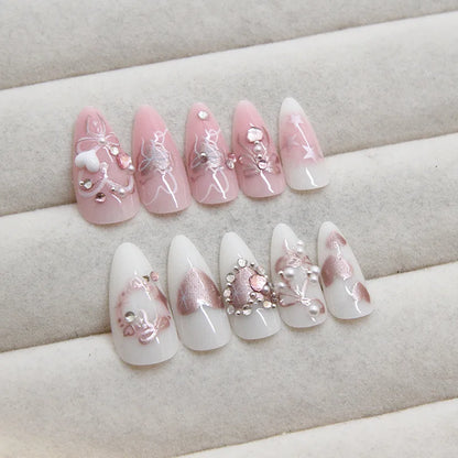 24pcs Sweet False Nail Patches Detachable Fake Nail Tips With Bowknots Love Heart Pearl Design Pink Almond Korean Press On Nail.