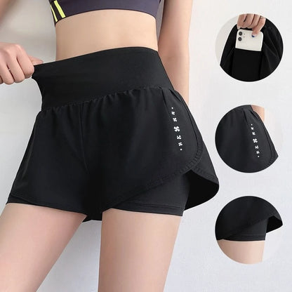 Women Yoga Pocket Shorts Fake Two Piece Anti Peek Shorts High Elastic Loose Fashion Casual Gym Trainning Three Point Pants.