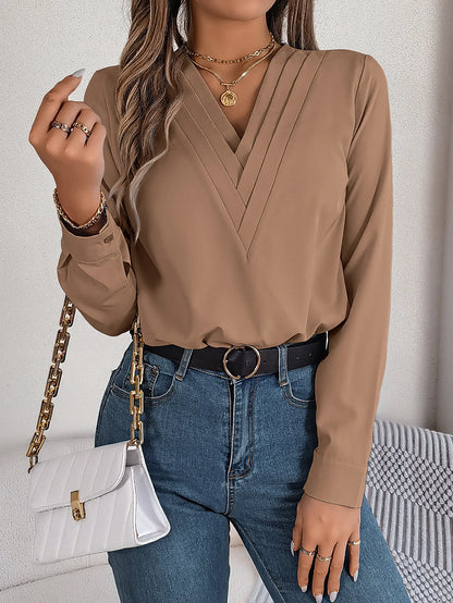 Summer And Autumn Women's Casual Shirt, Commuting Style Solid Color V-neck Long Sleeve Shirt Top