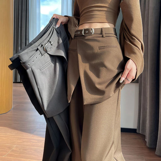 Design Style Fake Two-piece Curtain Suit Pants Women Fall High Waisted Wide Leg Trouser Office Ladies High Quality Straight Pant.