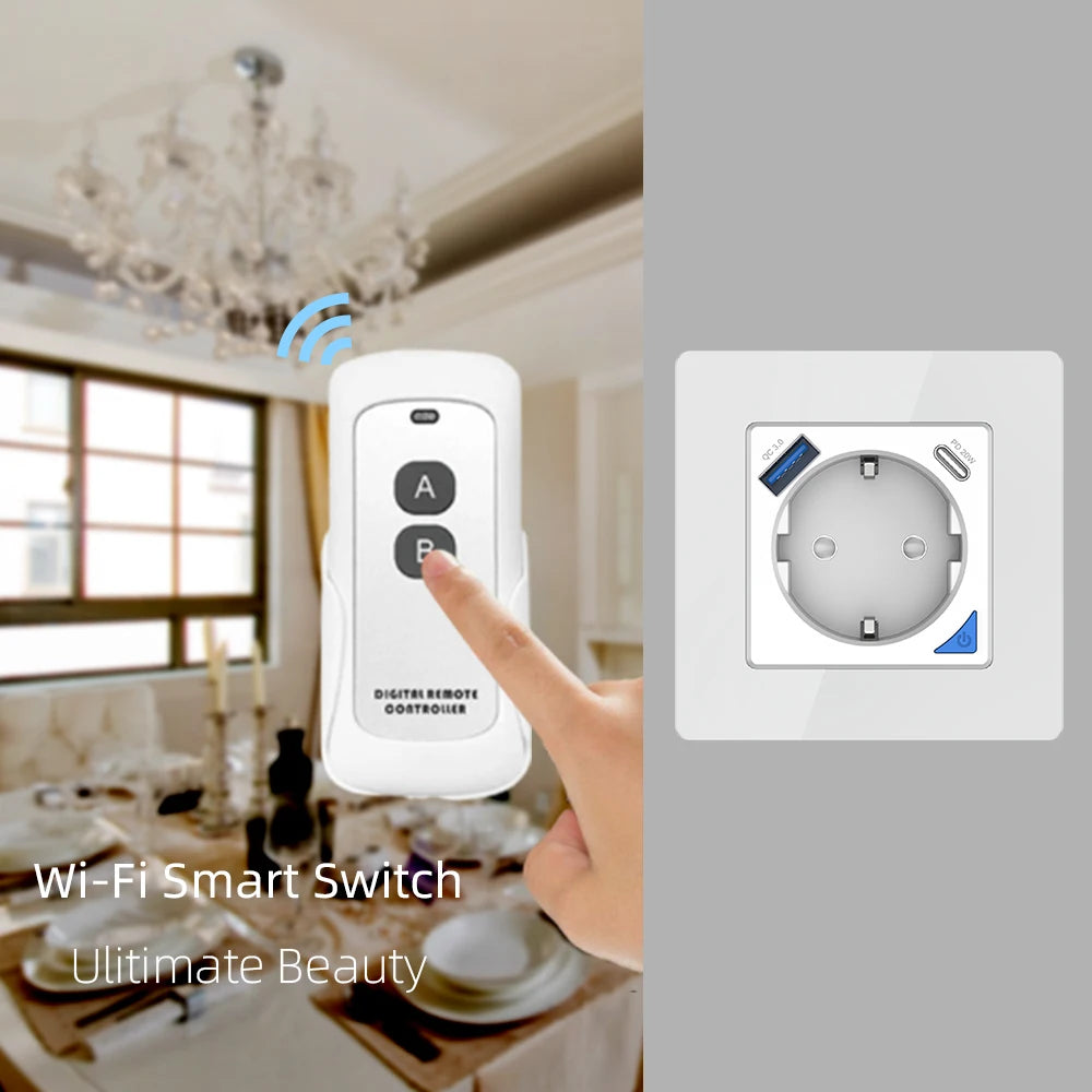 Alice Zigbee Tuya Smart EU-Wandsteckdose mit PD 20 W Typ C und einem Dual-USB-Schnellladegerät mit Power-Überwachungs-Glasplattenpanel.