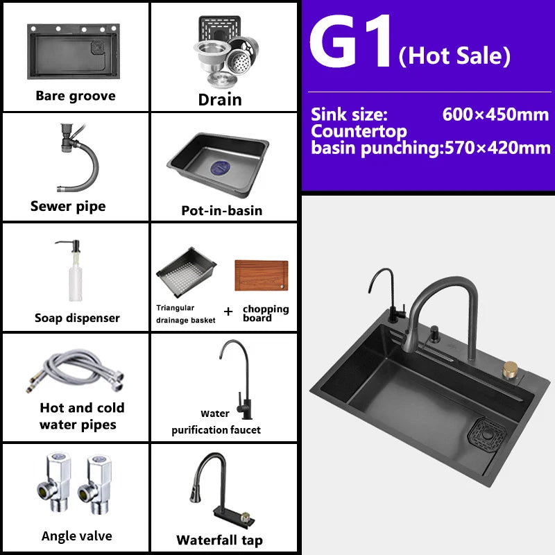 Waterfall Sink Kitchen Stainless Steel Topmount Sink Large Single Slot Wash Basin With Multifunction Touch Waterfall Faucet