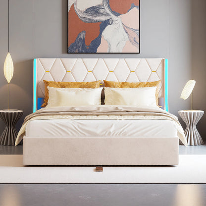 Comanlai 140 x 200 cm/160 x 200 cm hydraulisches Bett mit Stauraum, gepolstertes Bett mit Kopfteil, Kopfteil mit LED-Leuchten, Doppelbett, Flanell