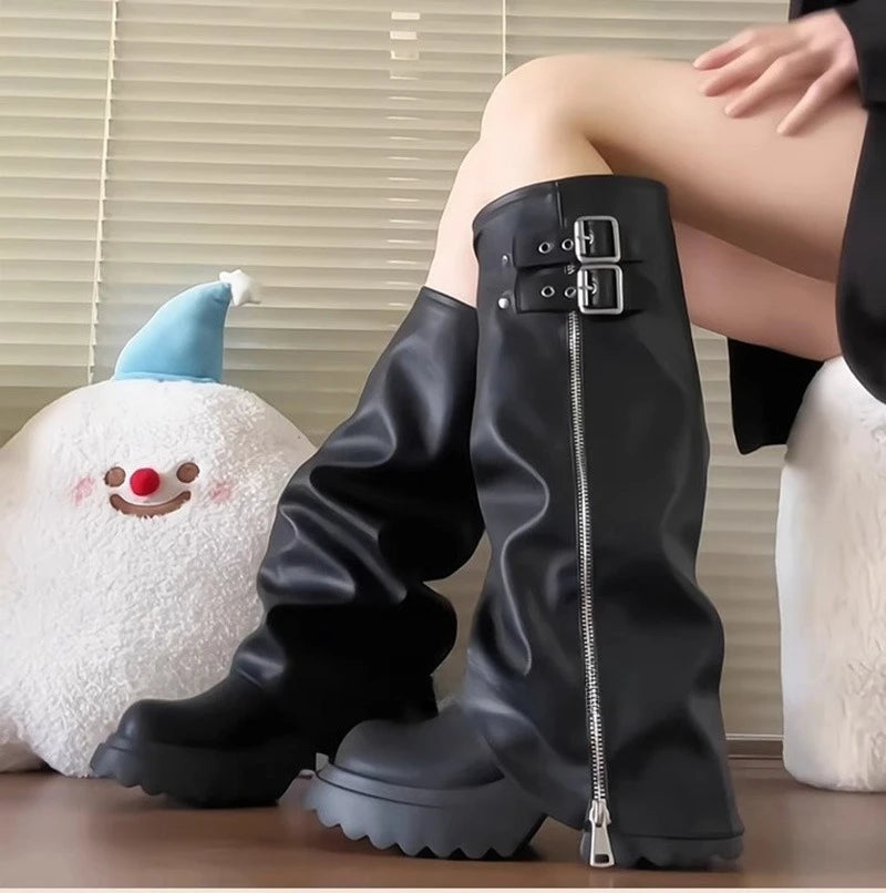 Punk Style Splicing Thick Bottom Women Knee-High Boots Fashion Zipper Female Pleated Knight Long Booties Shoes.