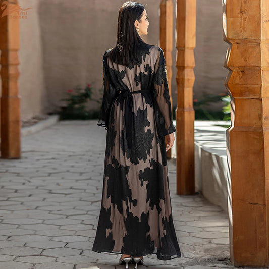 Fashion Lace Embroidered 2 Piece Set Robe Belt Abaya Dubai Kaftan Women Muslim Dress Morocco Caftan Ramadan Kebaya Jalabiya Gown.