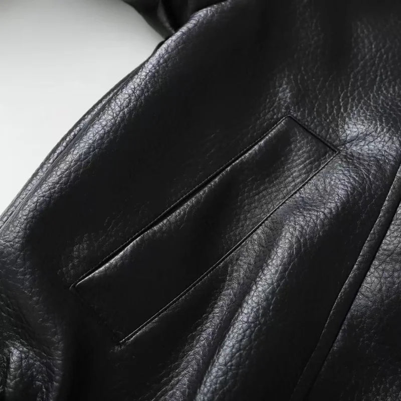 ETJ 2025 neue Damenmode, lockere Version der Stehkragen-Kunstlederjacke, Streetstyle, coole, hübsche Lederjacke