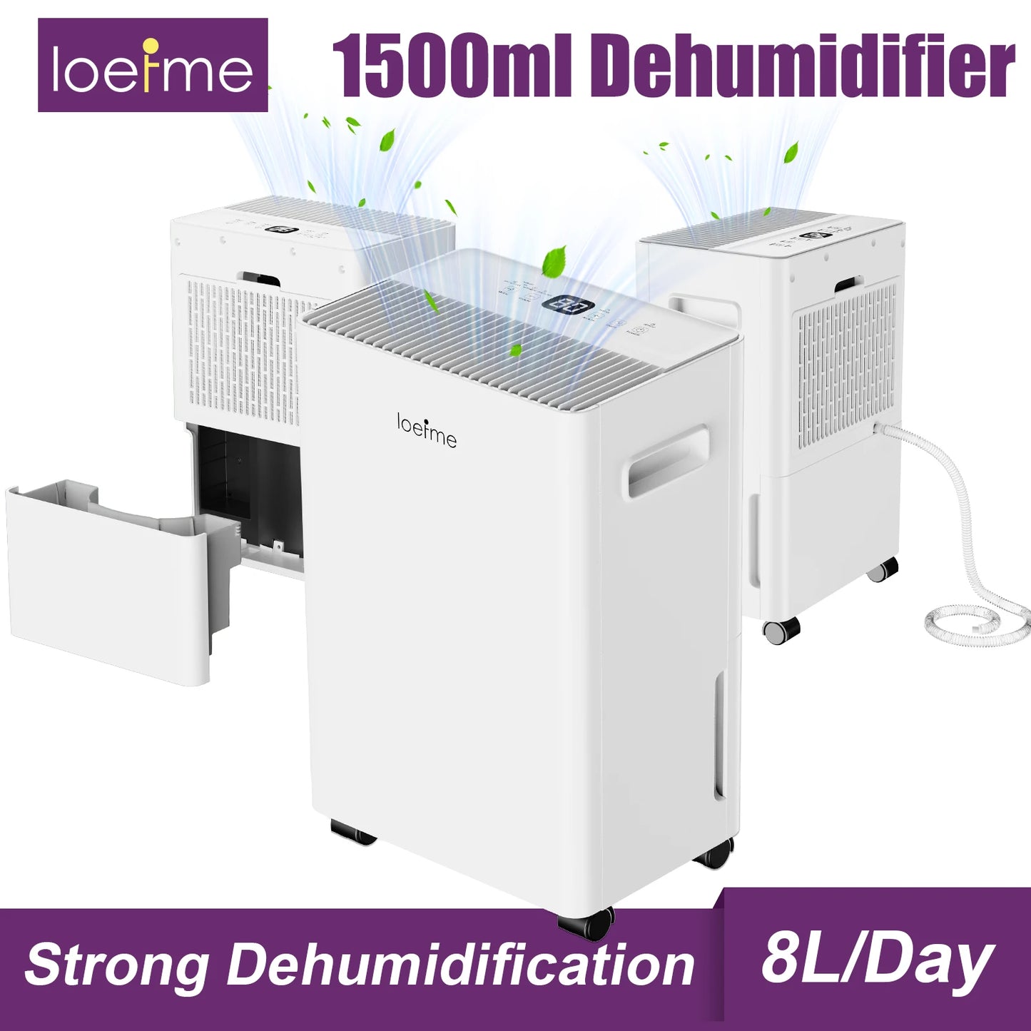 LOEFME 8L/Day Air Dehumidifier Moisture Absorbers Home Air Dryer 1.5L Water Tank with 3M Hose For Home Basement Rooms Bathrooms.