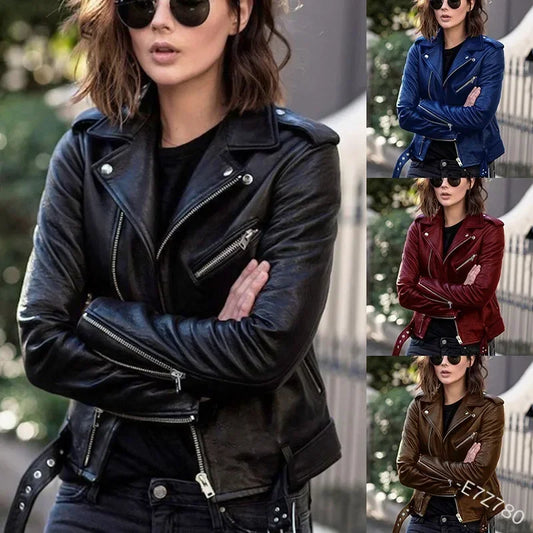 Damen Ledermantel Damen Kurz Slim-Fit Neue Biker Lederjacke Winter Herbst Lederjacken Mäntel