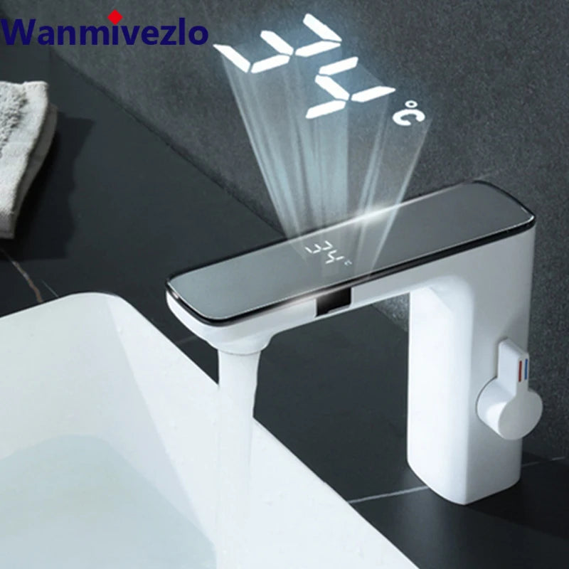 Touchless Sensor Basin Faucet Smart Digital Display Bathroom Sink Faucet Grey Sense Hot Cold Water Mixer Tap Battery Power