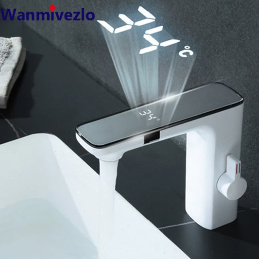 Touchless Sensor Basin Faucet Smart Digital Display Bathroom Sink Faucet Grey Sense Hot Cold Water Mixer Tap Battery Power