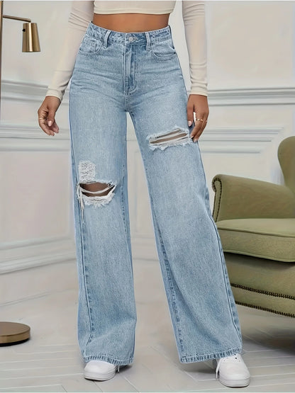 Plus size women's jeans fashion stretch ripped trousers j classic five-pocket cut jeans.
