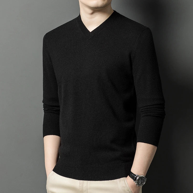 New Sweatwear Men's V Neck Basic Solid Color Sweaters Round Neck Elastic Pullovers Warm Autumn Knitted Oversized Sweater Men