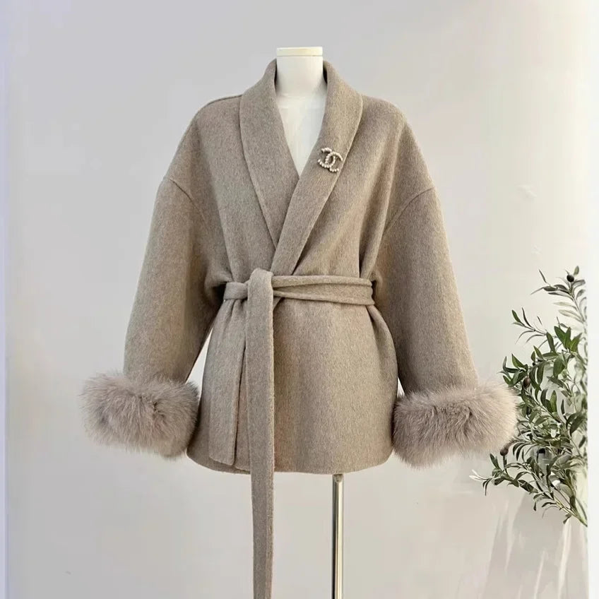Tossy Fuchspelz-Wollmantel für Damen, kurzer Mantel, Bürodame, eleganter doppelseitiger Wollmantel, 2025, neue Strickjacke, Jacken, lockere Wolle.