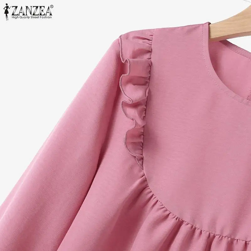 ZANZEA Women Elastic Waist Trouser 2pcs Tracksuit Muslim Fashion Long Sleeve Ruffles Tops Turkey Pant Sets Elegant Matching Sets.