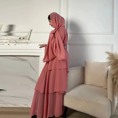 Summer Modest Kaftan Hijab Dresses For Women Kids Open Chiffon Khimar Kimono Abaya Dubai Luxury Muslim Sets Islam Kebaya Damen.