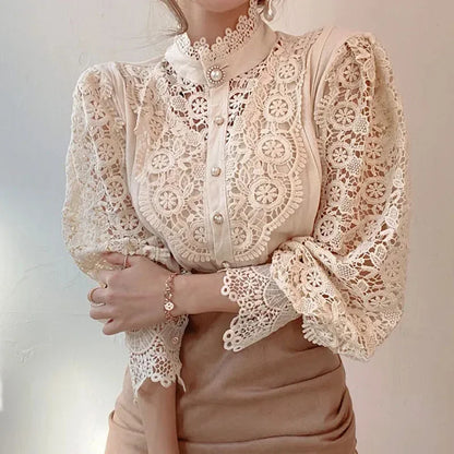Fashion Long Sleeve Women Blouse Hollow Out Lace Blouse Shirt Tops Women Blusas Mujer De Moda 2024 Blouses Femme Women Shirts.