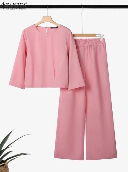 ZANZEA 2025 Women Autumn Matching Sets Solid Outfits Vintage Casual O Neck Long Sleeve Tops Pant Sets Fashion OL Work Tracksuit.