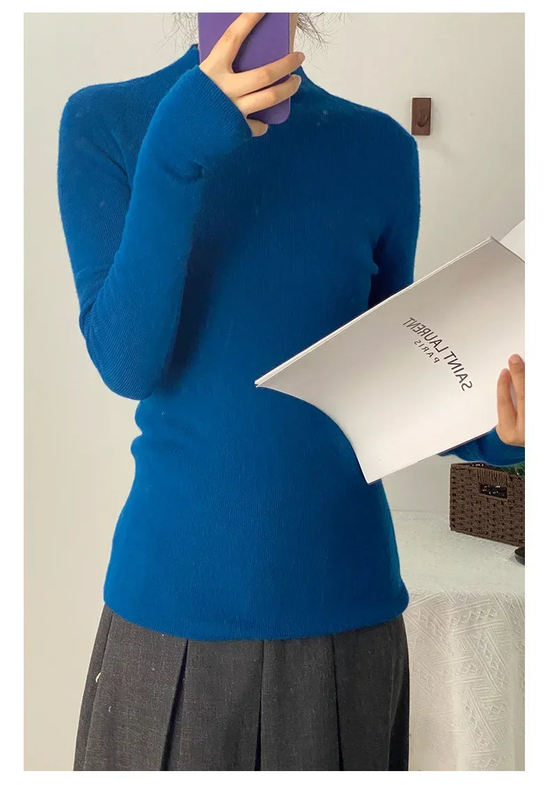 100% Ultra-fine Merino Wool Sweater Autumn and Winter Loose and Simple Semi-turtleneck Wool Bottoming Shirt Multi-color Sweater.