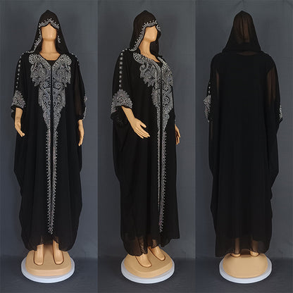 Eid Muslim Dress for Women Hooded Abaya 2 Piece Set Diamond Jalabiya Morocco Party Dresses Dubai Abayas Kaftan Vestido Long Robe.