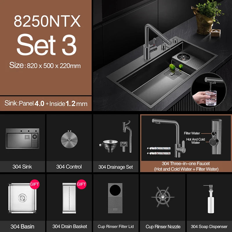 ASRAS New Waterfall Faucet Kitchen Sinks Nanometer Large Size 4mm Panel Handmade Sinks Cup Rinser Kitchen Sinks