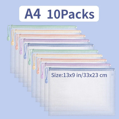 Zipper Mesh Bags A4/A5 Plastic Zipper Bags For Organizing Waterproof Clear Travel Bags Office Supplies Document，color random.