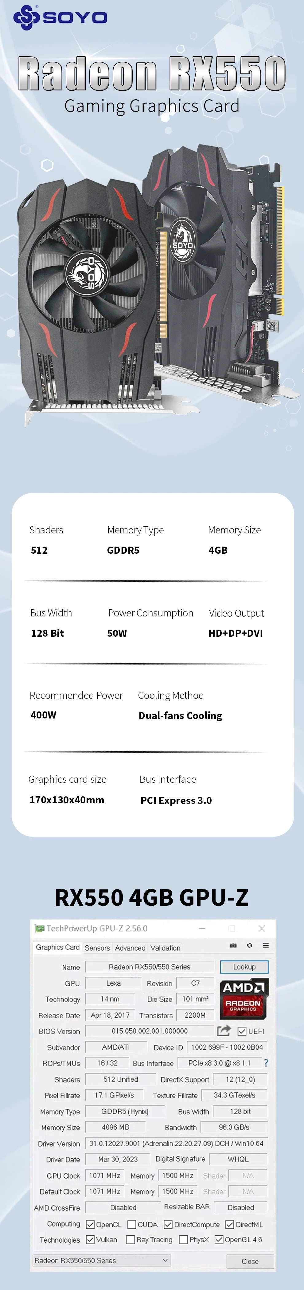 SOYO Graphics Cards Radeon RX580 8G & RX550 4G Video Gaming Card PCIE3.0x16 GPU Desktop Computer Components AMD RX 580 8G.