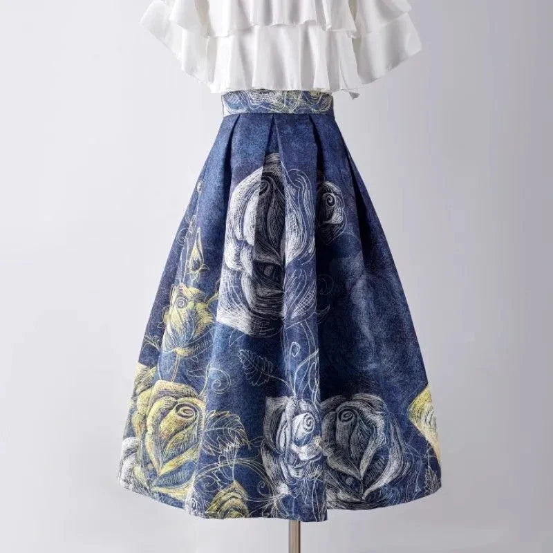 Blue Painting Vintage High Waist Ball Gown A-line Loose Women's Skirt Knee-Length Long Skirts For Women Clothing Fashion 2025.