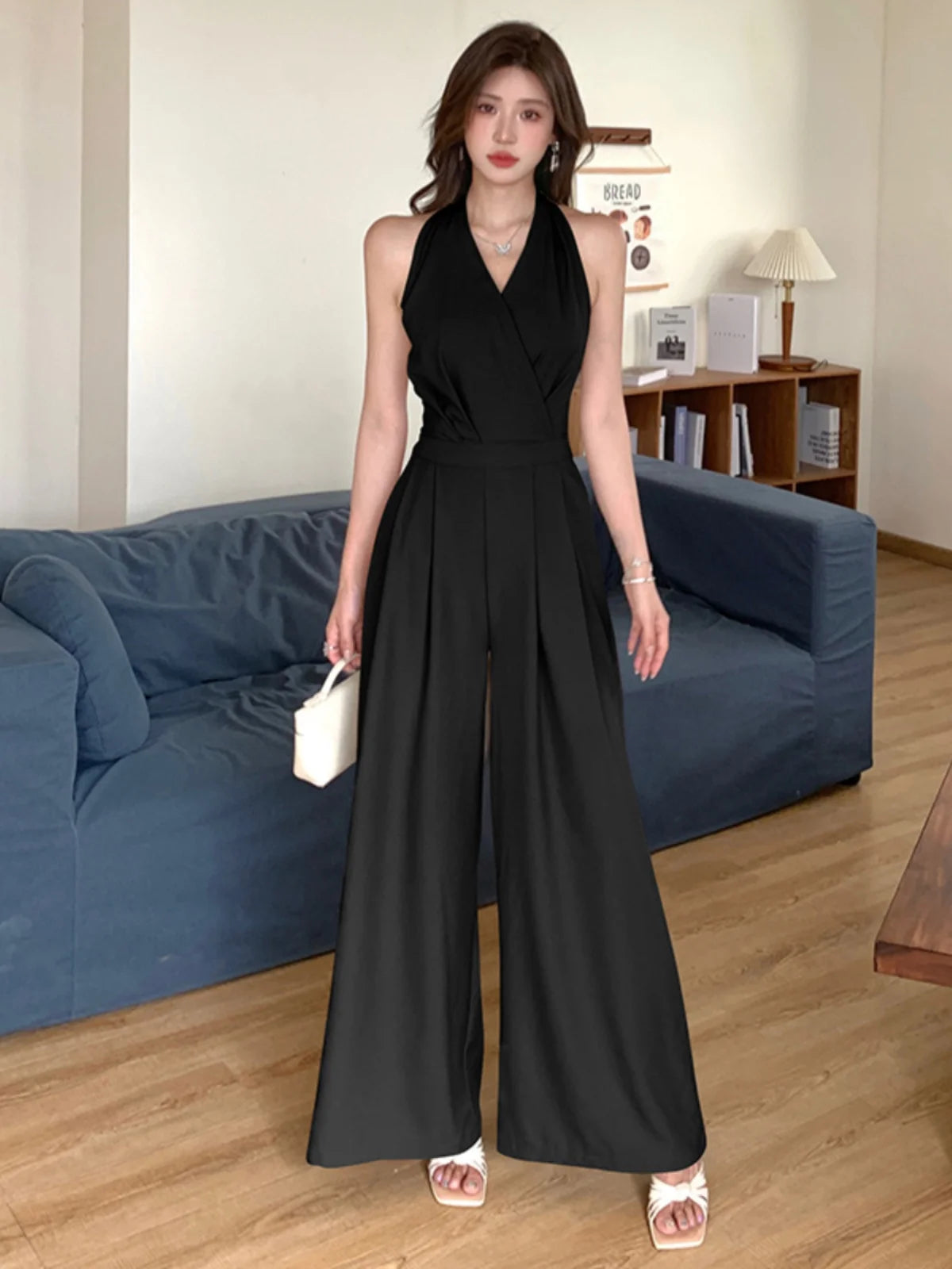 2025 Women Summer Clothes Sexy Halter Backless Folds Jumpsuits Female Wide Leg Loose Rompers Ladies Solid Long Jumpsuit C260.