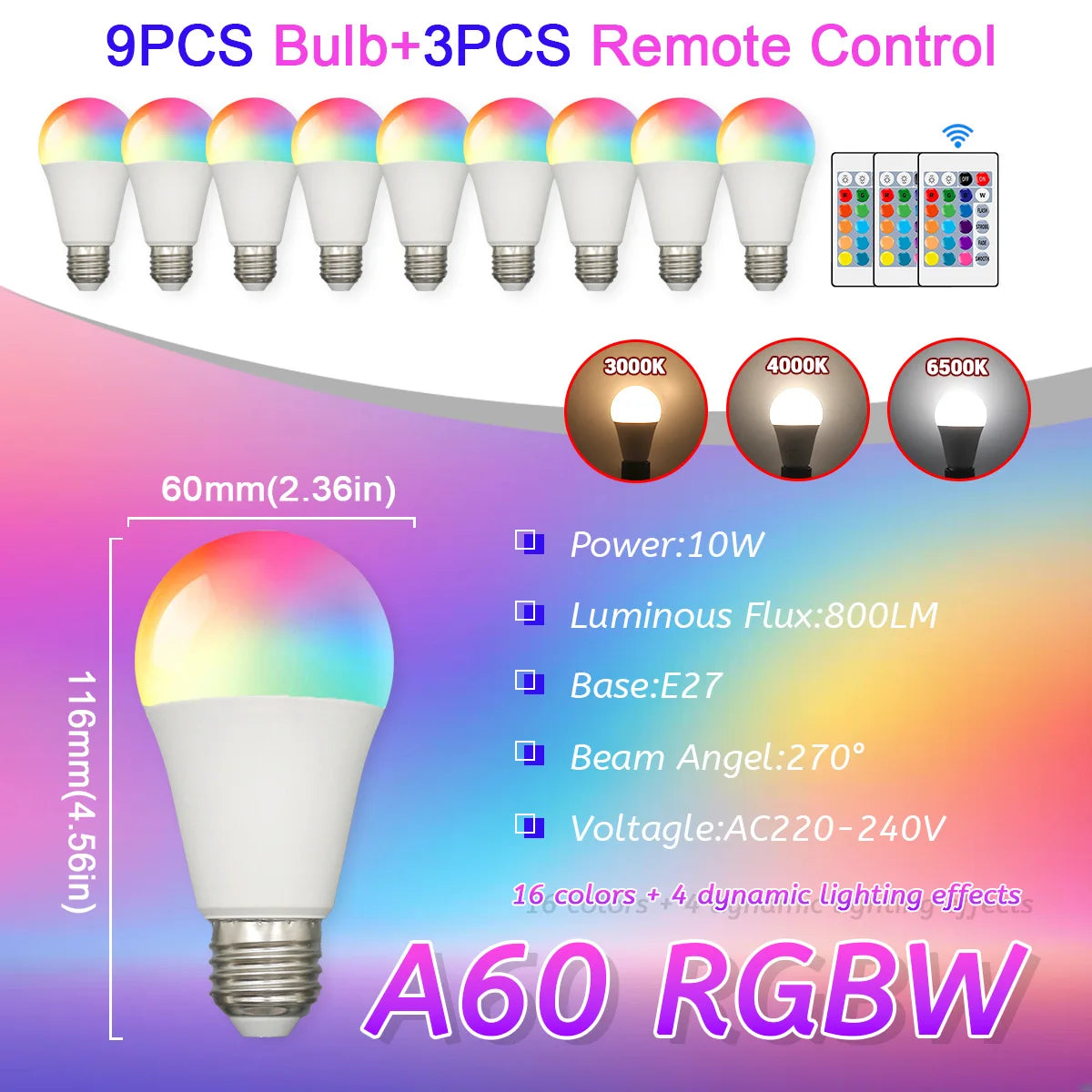E27 RGB LED Light Bulb 220V 10W with IR Color Changing Control Remote Multicolor + White Lamp Spotlight for Bedroom Party Home.