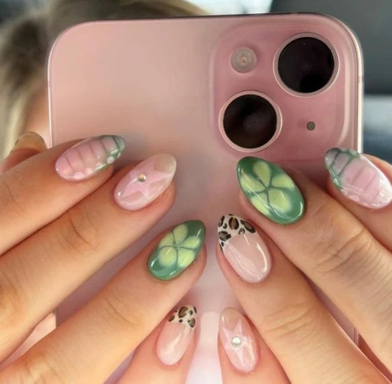 24Pcs/set Almond Press-On French Nail Tips Green Cat Eye False Nails Simple&Elegant Wearable Nail Art for Women&Girls Daily Wear