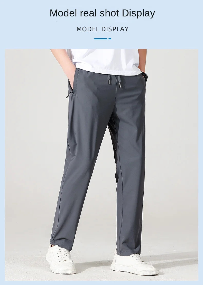 Ice Silk Men's trousers 2024 summer black-and-gray thin style business casual pants outdoor stretch breathable straight leg loos.