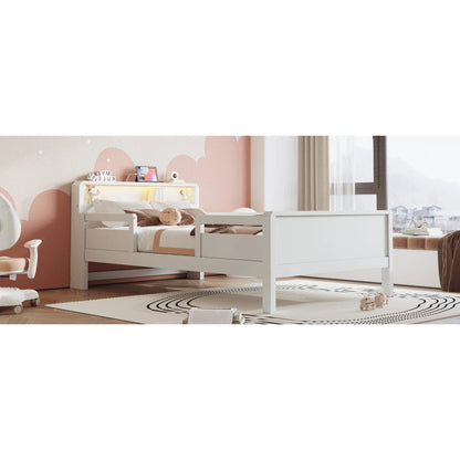 Multifunktions-Holzbett, USB- und Tape-C-Kombinationssteckdose, kleines LED-Licht, Kopfteil mit Einlagerfunktion, Einzelbett