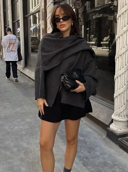 ZBZA Women's Asymmetric Scarf Knitted Jacket O-neck Single Button Side Slit Solid Loose Coat Winter New Female Chic Outerwear.