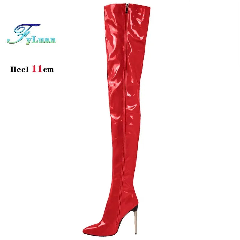 Plus Size 45 46 47 Women Stripper Heels 11CM Stiletto Sexy Pointed toe Red Long Shoes Club Party Over The Knee Thigh High Boots.